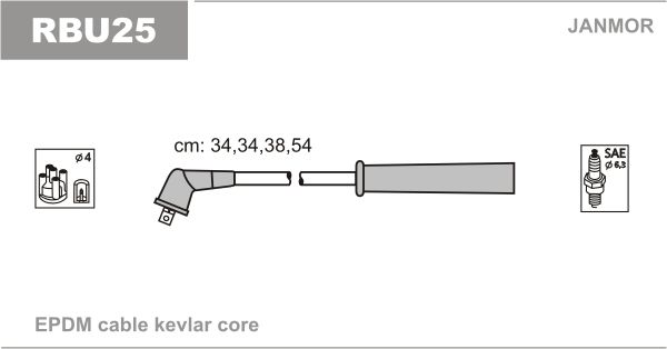 Дроти запалювання Janmor RBU25 для Renault Clio 1.4 (E7J 780) / 1.6 (K7M 744 / K7M 745) / Kangoo 1.4 - Фото 1