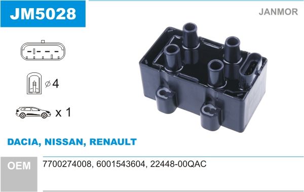 Котушка запалювання Janmor JM5028 для Dacia; Nissan; Renault [7700274008; 6001543604; 22448-00QAC] - Фото 2